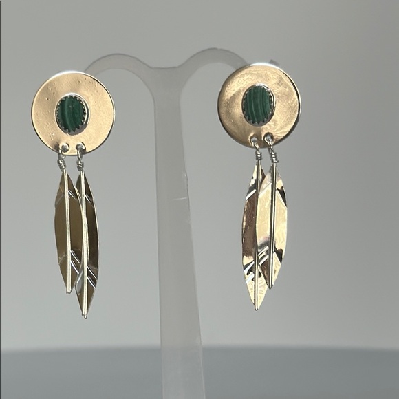 925 real malachite stone silver Leaf Drop Earrings